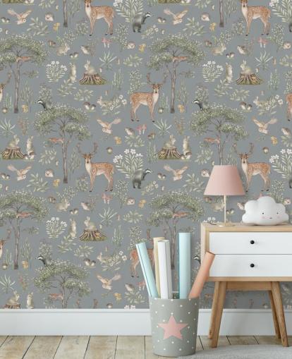 Blaues Wald-Wandbild für Kinder namens Blue Fantastic Forest von Kikki Belle für ein Baby- oder Kinderzimmer