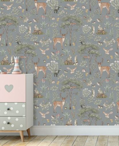 blue kids forest wallpaper mural called Blue Fantastic Forest by Kikki Belle for a nursery or kids bedroom