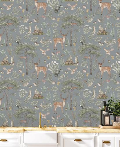 blue kids forest wallpaper mural called Blue Fantastic Forest by Kikki Belle for a nursery or kids bedroom blue kids forest wallpaper mural called Blue Fantastic Forest by Kikki Belle for a nursery or kids bedroom