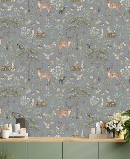 blue kids forest wallpaper mural called Blue Fantastic Forest by Kikki Belle for a nursery or kids bedroom blue kids forest wallpaper mural called Blue Fantastic Forest by Kikki Belle for a nursery or kids bedroom