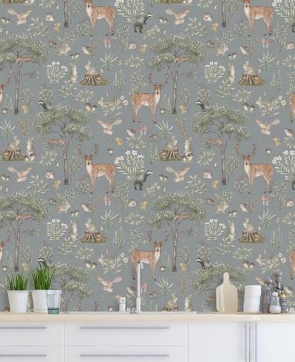 blue kids forest wallpaper mural called Blue Fantastic Forest by Kikki Belle for a nursery or kids bedroom