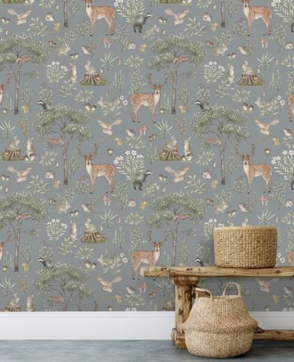 blue kids forest wallpaper mural called Blue Fantastic Forest by Kikki Belle for a nursery or kids bedroom
