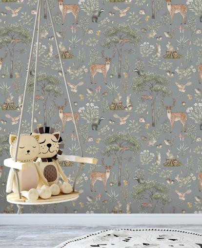 carta da parati murale blu per bambini chiamata Blue Fantastic Forest di Kikki Belle per un asilo nido o una camera da letto per bambini