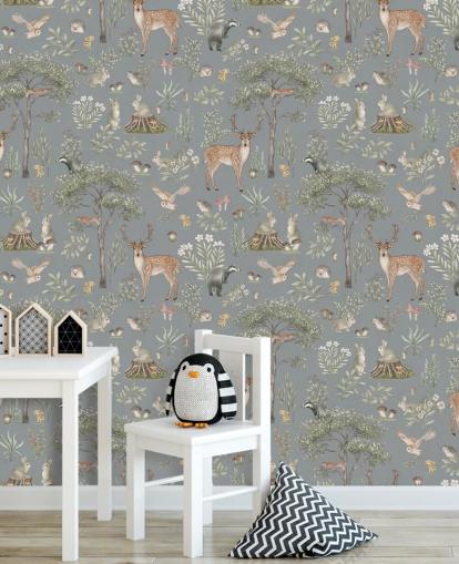 Blaues Wald-Wandbild für Kinder namens Blue Fantastic Forest von Kikki Belle für ein Baby- oder Kinderzimmer