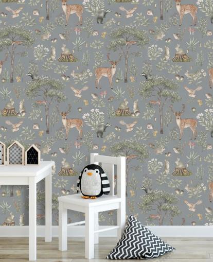 mural azul de un bosque infantil llamado Blue Fantastic Forest de Kikki Belle para una guardería o dormitorio infantil