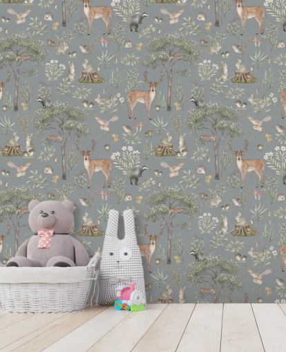 mural de papel de parede azul para crianças chamado Blue Fantastic Forest de Kikki Belle para um berçário ou quarto infantil
