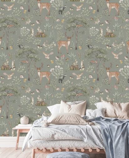 green kids forest wallpaper called Green Fantastic Forest by Kikki Belle for nurseries and kids bedrooms