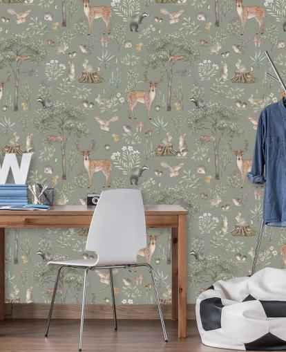 papel de parede verde para crianças chamado Green Fantastic Forest de Kikki Belle para creches e quartos infantis