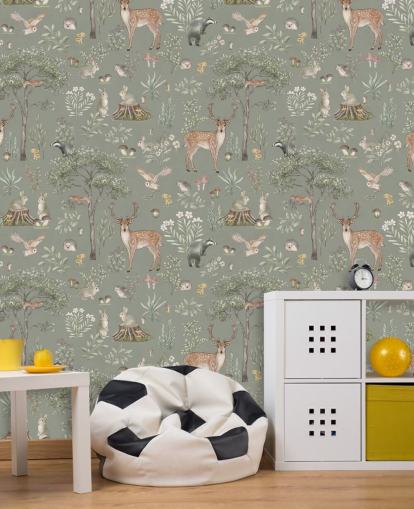 green kids forest wallpaper called Green Fantastic Forest by Kikki Belle for nurseries and kids bedrooms