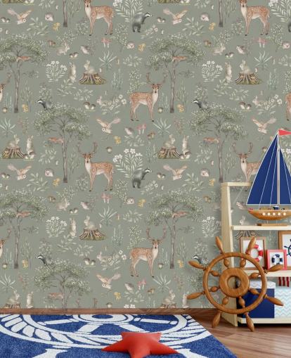 papel pintado verde de bosque infantil llamado Green Fantastic Forest de Kikki Belle para guarderías y dormitorios infantiles