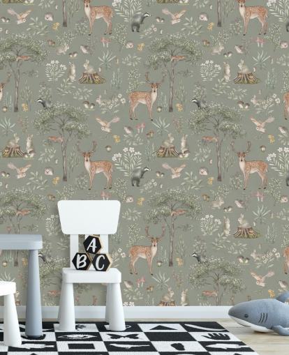 papel de parede verde para crianças chamado Green Fantastic Forest de Kikki Belle para creches e quartos infantis