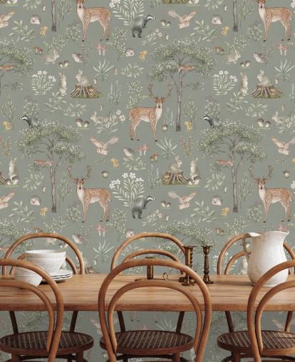green kids forest wallpaper called Green Fantastic Forest by Kikki Belle for nurseries and kids bedrooms
