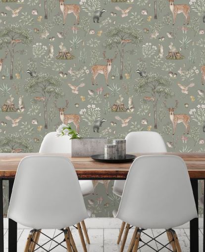 green kids forest wallpaper called Green Fantastic Forest by Kikki Belle for nurseries and kids bedrooms