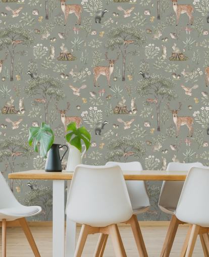 papel pintado verde de bosque infantil llamado Green Fantastic Forest de Kikki Belle para guarderías y dormitorios infantiles