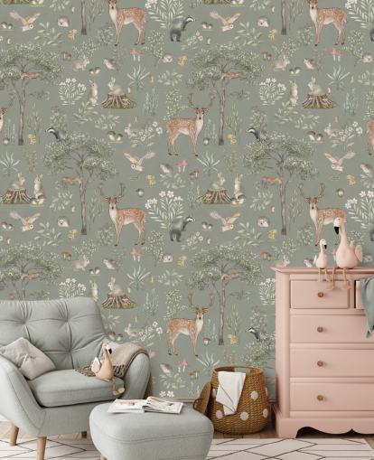 green kids forest wallpaper called Green Fantastic Forest by Kikki Belle for nurseries and kids bedrooms green kids forest wallpaper called Green Fantastic Forest by Kikki Belle for nurseries and kids bedrooms