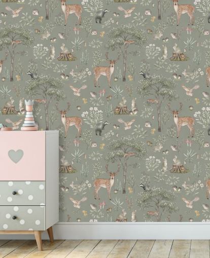 green kids forest wallpaper called Green Fantastic Forest by Kikki Belle for nurseries and kids bedrooms green kids forest wallpaper called Green Fantastic Forest by Kikki Belle for nurseries and kids bedrooms