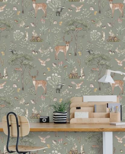 papel de parede verde para crianças chamado Green Fantastic Forest de Kikki Belle para creches e quartos infantis papel de parede verde para crianças chamado Green Fantastic Forest de Kikki Belle para creches e quartos infantis