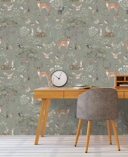 papel de parede verde para crianças chamado Green Fantastic Forest de Kikki Belle para creches e quartos infantis papel de parede verde para crianças chamado Green Fantastic Forest de Kikki Belle para creches e quartos infantis