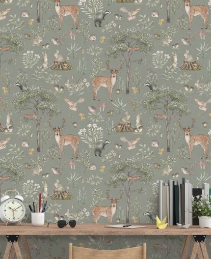 papel pintado verde de bosque infantil llamado Green Fantastic Forest de Kikki Belle para guarderías y dormitorios infantiles papel pintado verde de bosque infantil llamado Green Fantastic Forest de Kikki Belle para guarderías y dormitorios infantiles