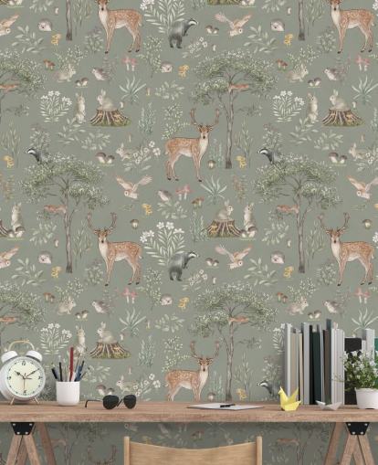 green kids forest wallpaper called Green Fantastic Forest by Kikki Belle for nurseries and kids bedrooms green kids forest wallpaper called Green Fantastic Forest by Kikki Belle for nurseries and kids bedrooms