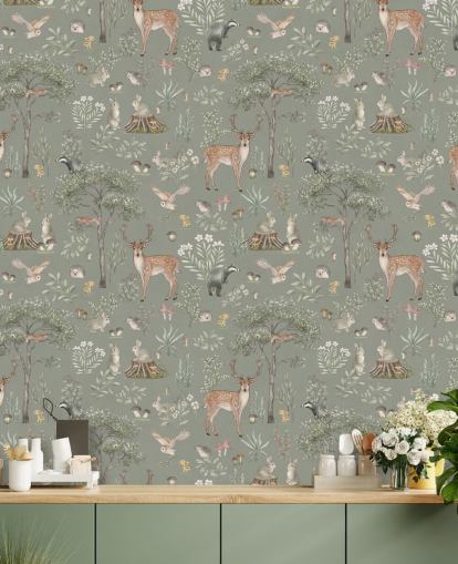 green kids forest wallpaper called Green Fantastic Forest by Kikki Belle for nurseries and kids bedrooms green kids forest wallpaper called Green Fantastic Forest by Kikki Belle for nurseries and kids bedrooms