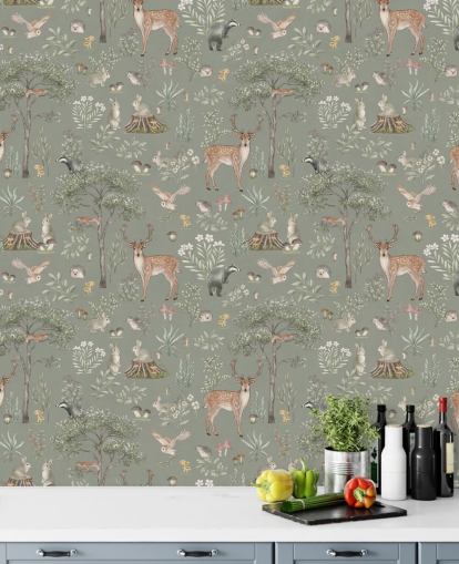 green kids forest wallpaper called Green Fantastic Forest by Kikki Belle for nurseries and kids bedrooms