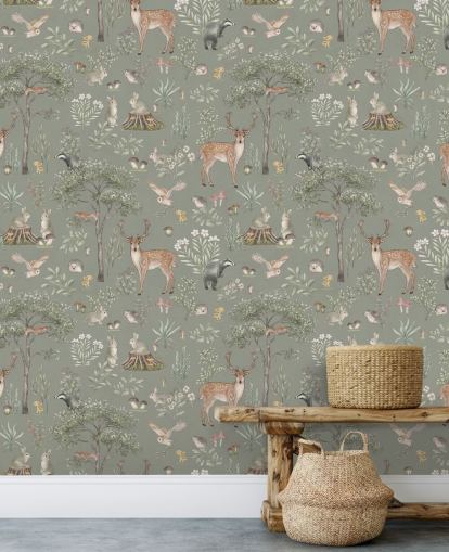 green kids forest wallpaper called Green Fantastic Forest by Kikki Belle for nurseries and kids bedrooms