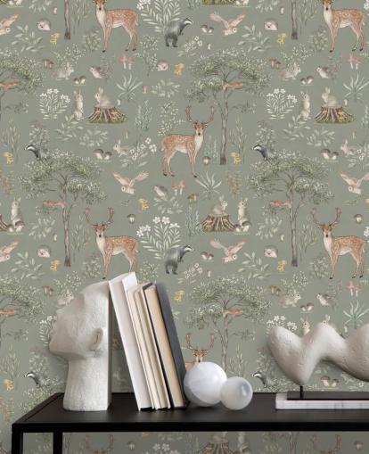 papel pintado verde de bosque infantil llamado Green Fantastic Forest de Kikki Belle para guarderías y dormitorios infantiles