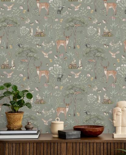 papel pintado verde de bosque infantil llamado Green Fantastic Forest de Kikki Belle para guarderías y dormitorios infantiles papel pintado verde de bosque infantil llamado Green Fantastic Forest de Kikki Belle para guarderías y dormitorios infantiles