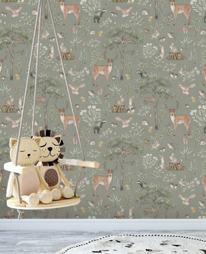 papel de parede verde para crianças chamado Green Fantastic Forest de Kikki Belle para creches e quartos infantis