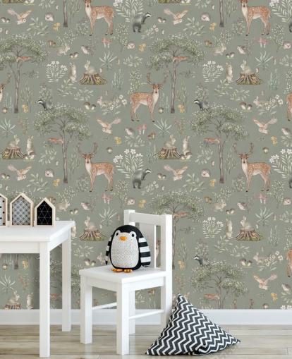 papel de parede verde para crianças chamado Green Fantastic Forest de Kikki Belle para creches e quartos infantis papel de parede verde para crianças chamado Green Fantastic Forest de Kikki Belle para creches e quartos infantis