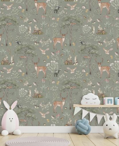 green kids forest wallpaper called Green Fantastic Forest by Kikki Belle for nurseries and kids bedrooms