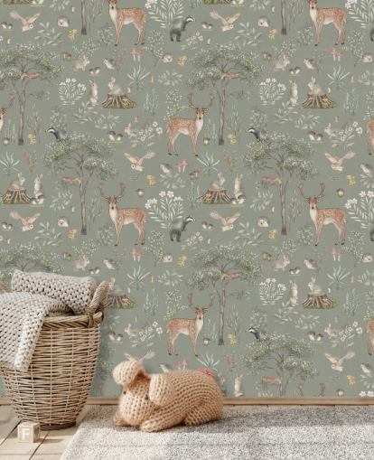 green kids forest wallpaper called Green Fantastic Forest by Kikki Belle for nurseries and kids bedrooms