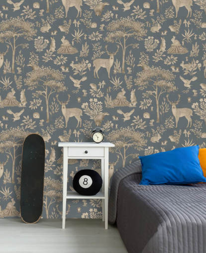 blue kids forest wallpaper mural called Vintage Blue Fantastic Forest by Kikki Belle for a nursery or kid's bedroom