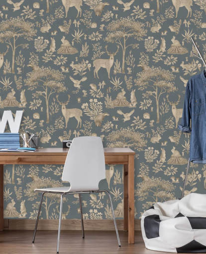 mural azul de un bosque infantil llamado Vintage Blue Fantastic Forest de Kikki Belle para una guardería o dormitorio infantil