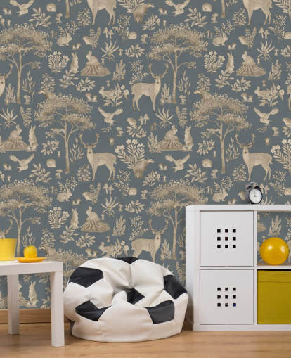 blue kids forest wallpaper mural called Vintage Blue Fantastic Forest by Kikki Belle for a nursery or kid's bedroom