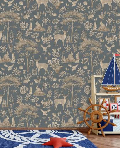 mural de papel de parede azul para crianças chamado Vintage Blue Fantastic Forest de Kikki Belle para um berçário ou quarto infantil