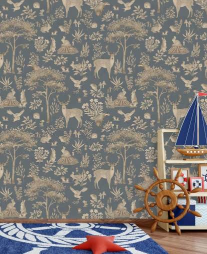 blue kids forest wallpaper mural called Vintage Blue Fantastic Forest by Kikki Belle for a nursery or kid's bedroom blue kids forest wallpaper mural called Vintage Blue Fantastic Forest by Kikki Belle for a nursery or kid's bedroom