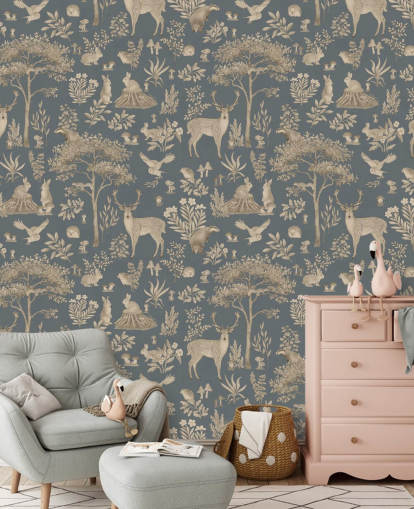 papier peint mural bleu pour enfants appelé Vintage Blue Fantastic Forest par Kikki Belle pour une crèche ou une chambre d'enfant