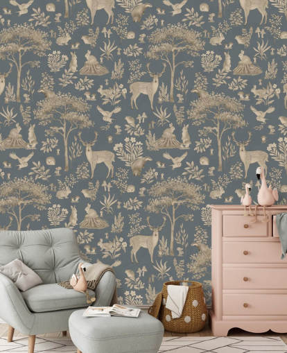 blue kids forest wallpaper mural called Vintage Blue Fantastic Forest by Kikki Belle for a nursery or kid's bedroom