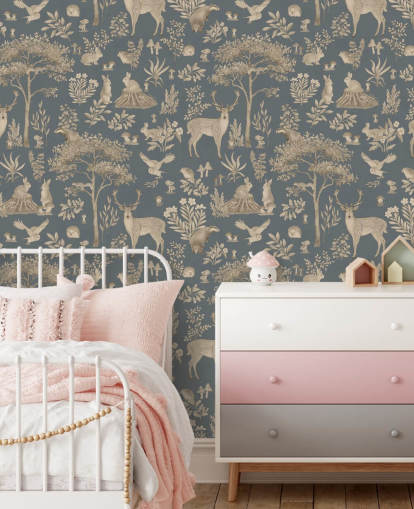 mural azul de un bosque infantil llamado Vintage Blue Fantastic Forest de Kikki Belle para una guardería o dormitorio infantil