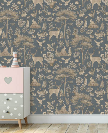 mural azul de un bosque infantil llamado Vintage Blue Fantastic Forest de Kikki Belle para una guardería o dormitorio infantil