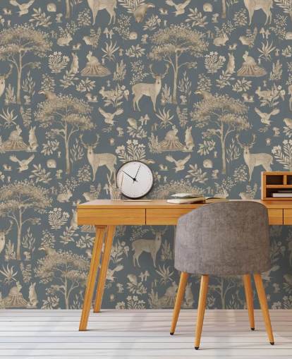 blue kids forest wallpaper mural called Vintage Blue Fantastic Forest by Kikki Belle for a nursery or kid's bedroom