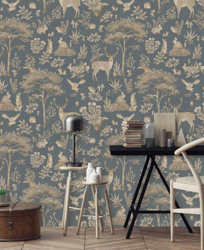 mural azul de un bosque infantil llamado Vintage Blue Fantastic Forest de Kikki Belle para una guardería o dormitorio infantil