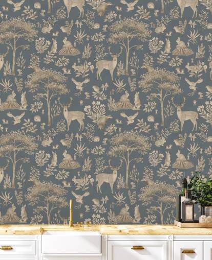 blue kids forest wallpaper mural called Vintage Blue Fantastic Forest by Kikki Belle for a nursery or kid's bedroom