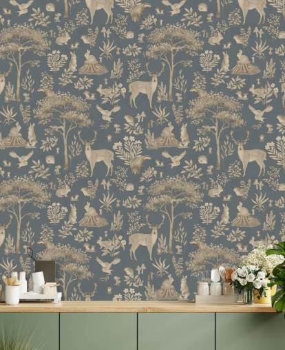 blue kids forest wallpaper mural called Vintage Blue Fantastic Forest by Kikki Belle for a nursery or kid's bedroom blue kids forest wallpaper mural called Vintage Blue Fantastic Forest by Kikki Belle for a nursery or kid's bedroom