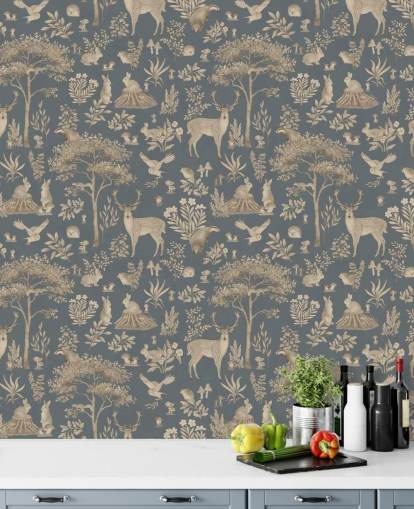 blue kids forest wallpaper mural called Vintage Blue Fantastic Forest by Kikki Belle for a nursery or kid's bedroom blue kids forest wallpaper mural called Vintage Blue Fantastic Forest by Kikki Belle for a nursery or kid's bedroom