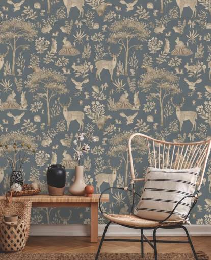 blue kids forest wallpaper mural called Vintage Blue Fantastic Forest by Kikki Belle for a nursery or kid's bedroom