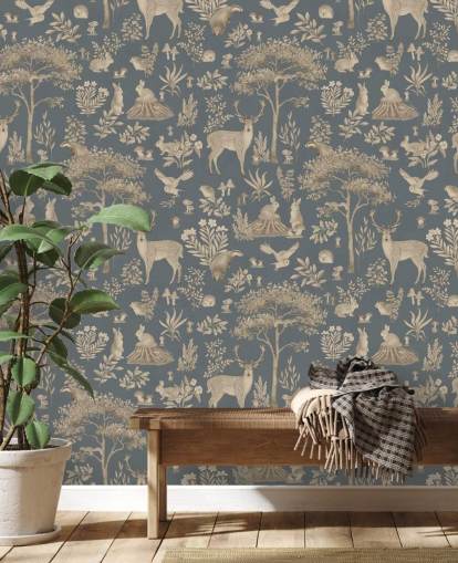 mural azul de un bosque infantil llamado Vintage Blue Fantastic Forest de Kikki Belle para una guardería o dormitorio infantil