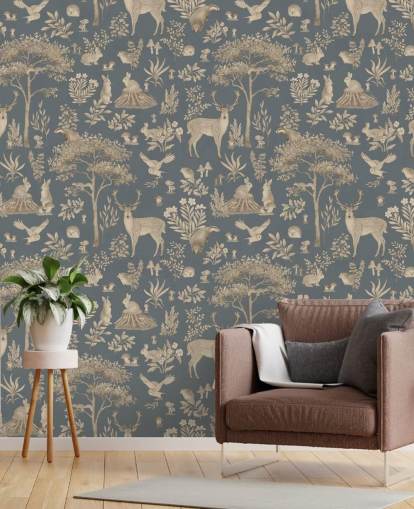 mural azul de un bosque infantil llamado Vintage Blue Fantastic Forest de Kikki Belle para una guardería o dormitorio infantil